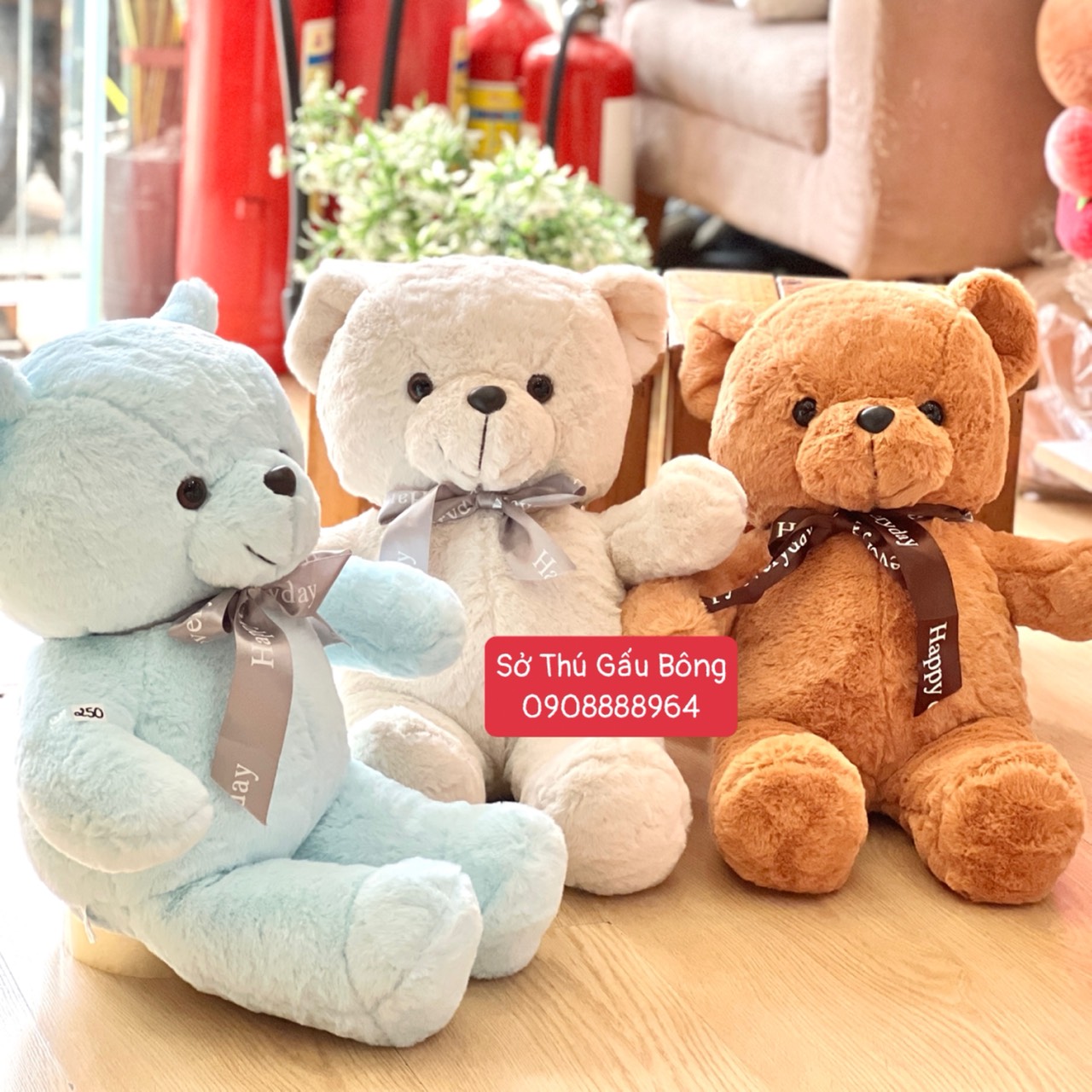 Gấu Bông Lông Thẳng Nơ Happy Everyday