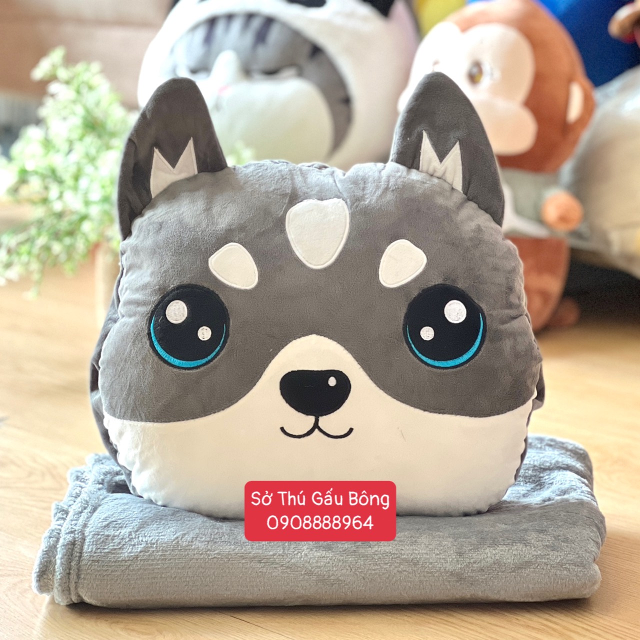 Gối Mền 3 trong 1 Nhung Thường - Husky Xám