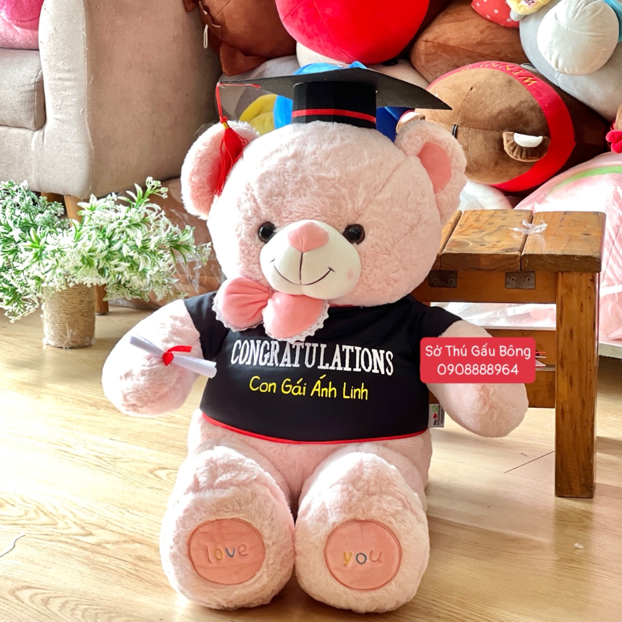Gấu Tốt Nghiệp - Nơ Tim Love You Hồng